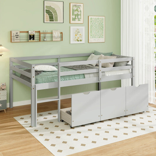 Twin Size Low Loft Bed with 3 Drawers with Ladder and Full-length Guardrails-Gray LuxuryLifeWay Online Store