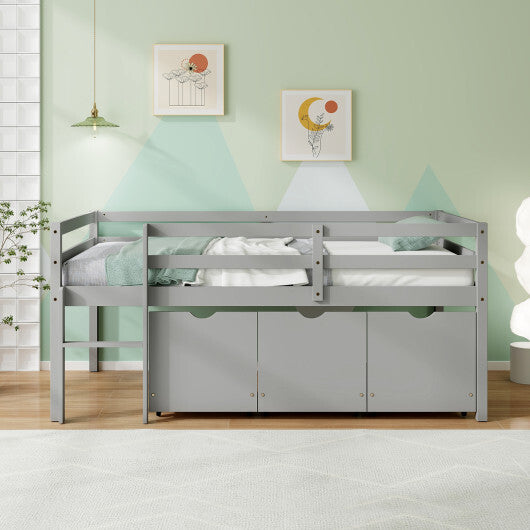 Twin Size Low Loft Bed with 3 Drawers with Ladder and Full-length Guardrails-Gray LuxuryLifeWay Online Store