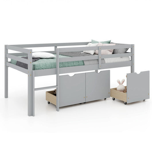 Twin Size Low Loft Bed with 3 Drawers with Ladder and Full-length Guardrails-Gray LuxuryLifeWay Online Store