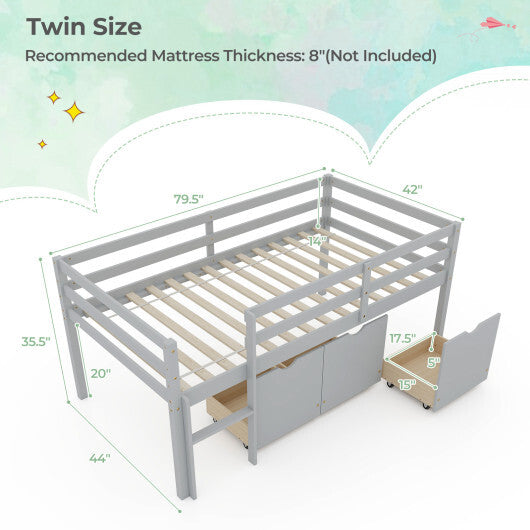 Twin Size Low Loft Bed with 3 Drawers with Ladder and Full-length Guardrails-Gray LuxuryLifeWay Online Store