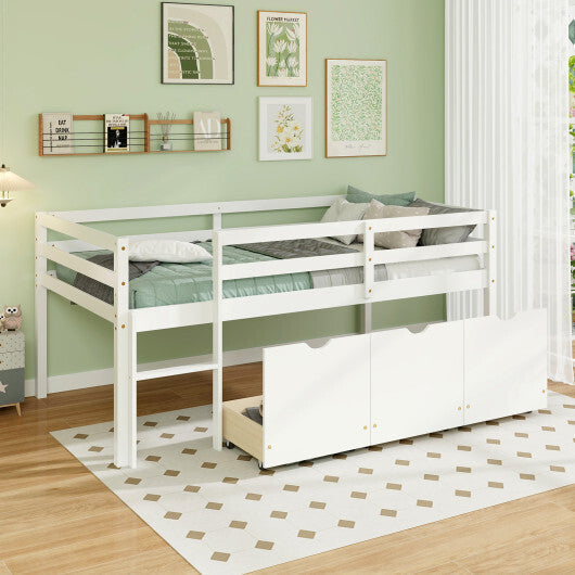 Twin Size Low Loft Bed with 3 Drawers with Ladder and Full-length Guardrails-Gray LuxuryLifeWay Online Store