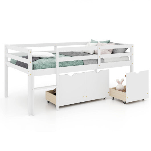 Twin Size Low Loft Bed with 3 Drawers with Ladder and Full-length Guardrails-Gray LuxuryLifeWay Online Store