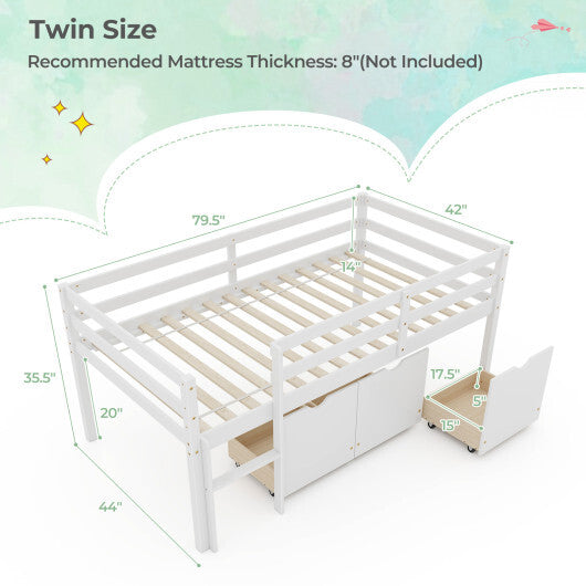 Twin Size Low Loft Bed with 3 Drawers with Ladder and Full-length Guardrails-Gray LuxuryLifeWay Online Store