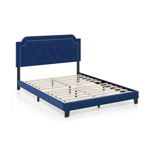 Queen Size Velvet Platform Bed with Button Tufted and Nailhead Trim Headboard-Queen Size LuxuryLifeWay Online Store
