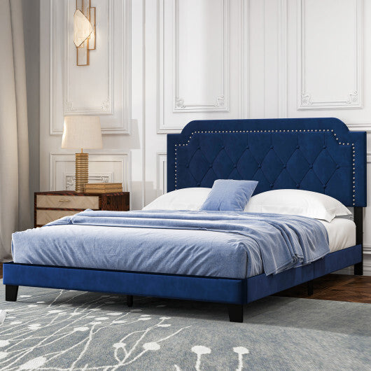 Queen Size Velvet Platform Bed with Button Tufted and Nailhead Trim Headboard-Queen Size LuxuryLifeWay Online Store