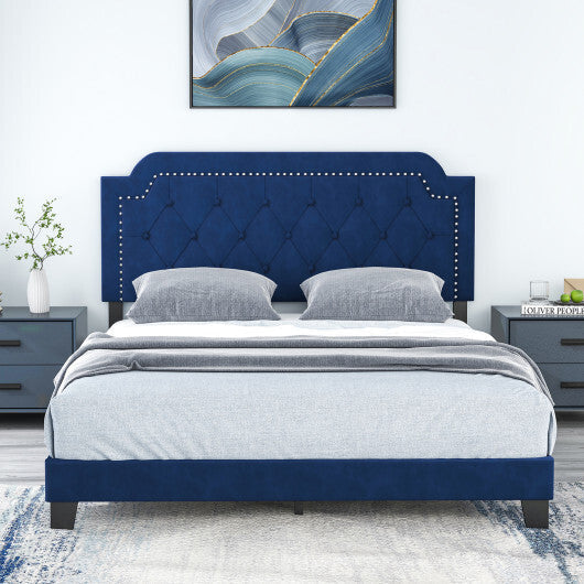 Queen Size Velvet Platform Bed with Button Tufted and Nailhead Trim Headboard-Queen Size LuxuryLifeWay Online Store