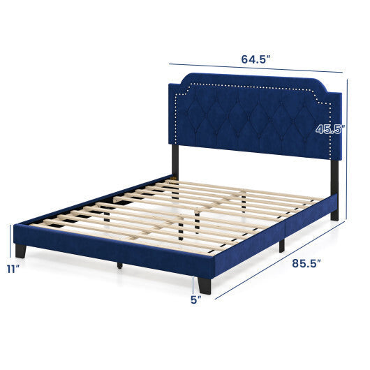 Queen Size Velvet Platform Bed with Button Tufted and Nailhead Trim Headboard-Queen Size LuxuryLifeWay Online Store