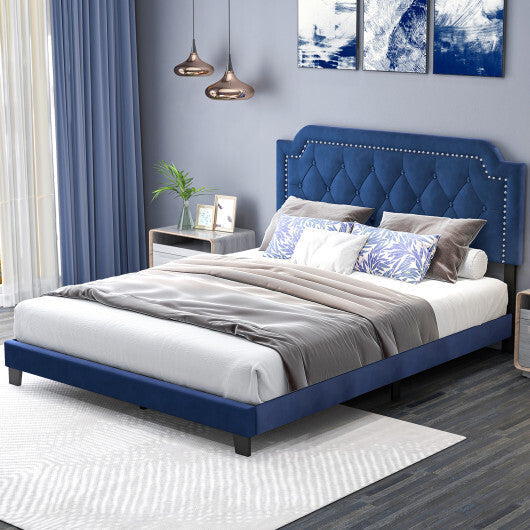 Queen Size Velvet Platform Bed with Button Tufted and Nailhead Trim Headboard-Queen Size LuxuryLifeWay Online Store