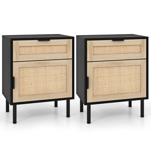 Rattan Nightstand Set of 2 with Drawer and Cabinet-Natural LuxuryLifeWay Online Store