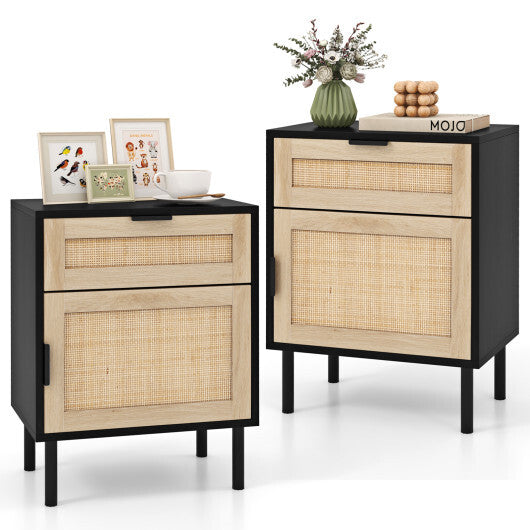 Rattan Nightstand Set of 2 with Drawer and Cabinet-Natural LuxuryLifeWay Online Store