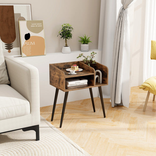 Mid Century Modern Nightstand  with Open Shelves-Brown LuxuryLifeWay Online Store