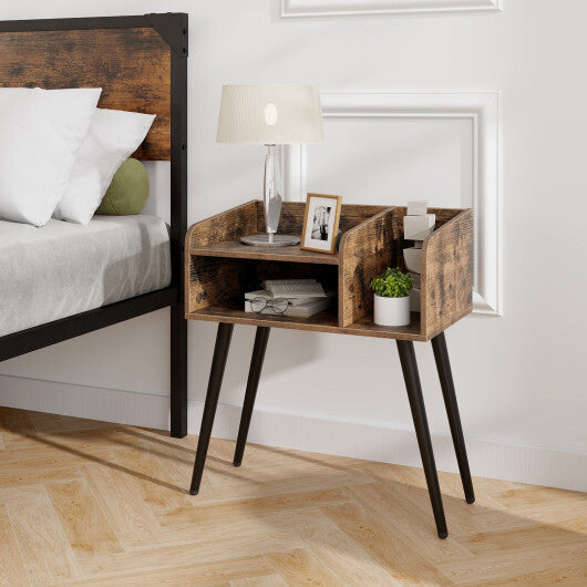 Mid Century Modern Nightstand  with Open Shelves-Brown LuxuryLifeWay Online Store