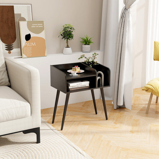 Mid Century Modern Nightstand  with Open Shelves-Brown LuxuryLifeWay Online Store