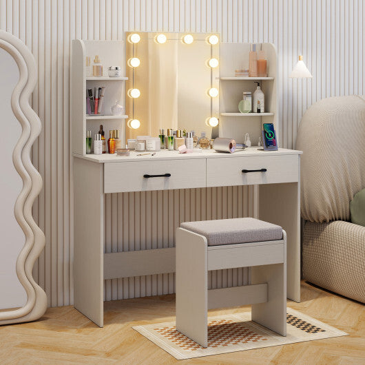 Vanity Set with Lighted Mirror and Stool with Power Outlet-Black