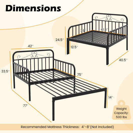 Extendable Metal Daybed to Twin Size Bed with Guardrails and Armrests-White LuxuryLifeWay Online Store