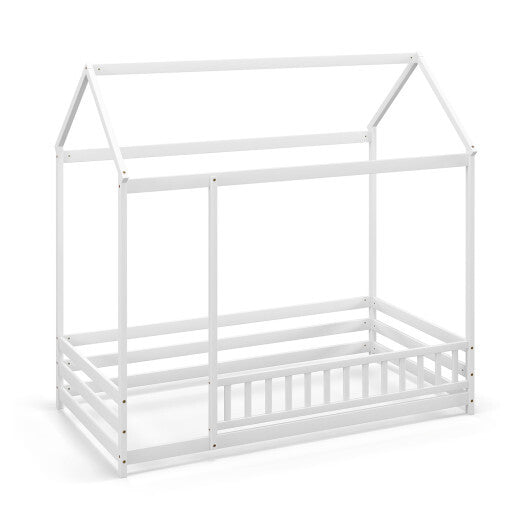 Twin Size Kids House Bed Wooden Floor Bed with Roof and Full-length Safety Guardrail-White LuxuryLifeWay Online Store