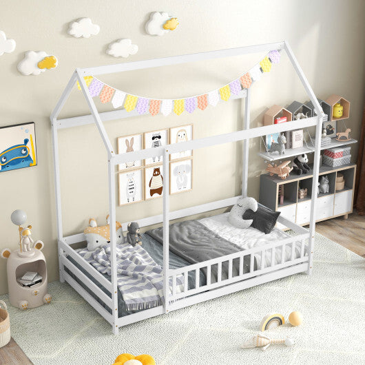 Twin Size Kids House Bed Wooden Floor Bed with Roof and Full-length Safety Guardrail-White LuxuryLifeWay Online Store