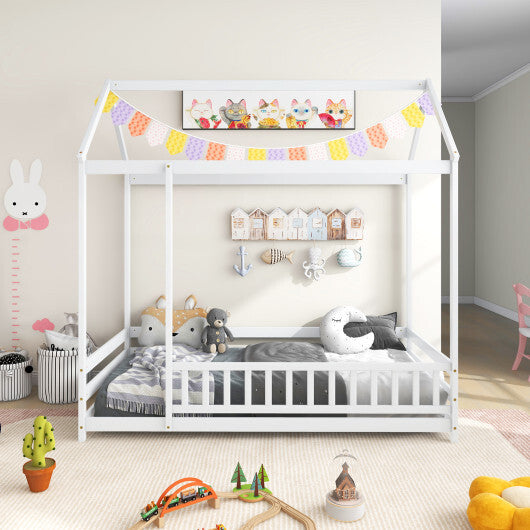 Twin Size Kids House Bed Wooden Floor Bed with Roof and Full-length Safety Guardrail-White LuxuryLifeWay Online Store
