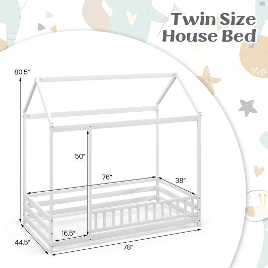 Twin Size Kids House Bed Wooden Floor Bed with Roof and Full-length Safety Guardrail-White LuxuryLifeWay Online Store