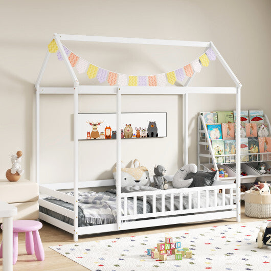 Twin Size Kids House Bed Wooden Floor Bed with Roof and Full-length Safety Guardrail-White LuxuryLifeWay Online Store