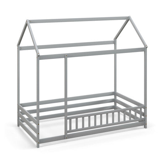 Twin Size Kids House Bed Wooden Floor Bed with Roof and Full-length Safety Guardrail-White LuxuryLifeWay Online Store