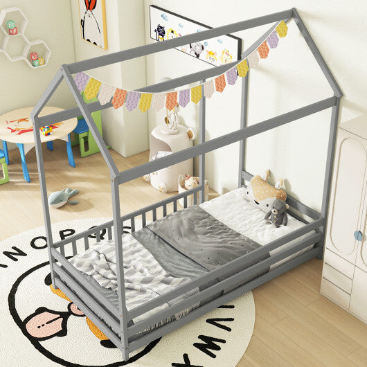 Twin Size Kids House Bed Wooden Floor Bed with Roof and Full-length Safety Guardrail-White LuxuryLifeWay Online Store