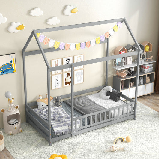 Twin Size Kids House Bed Wooden Floor Bed with Roof and Full-length Safety Guardrail-White LuxuryLifeWay Online Store