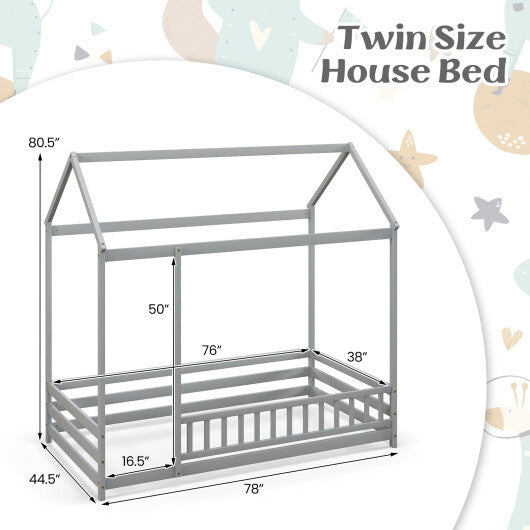 Twin Size Kids House Bed Wooden Floor Bed with Roof and Full-length Safety Guardrail-White LuxuryLifeWay Online Store