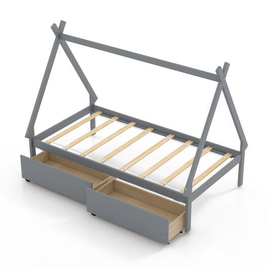 Twin Size Wooden Tent Platform House Bed with 2 Drawers-Gray LuxuryLifeWay Online Store