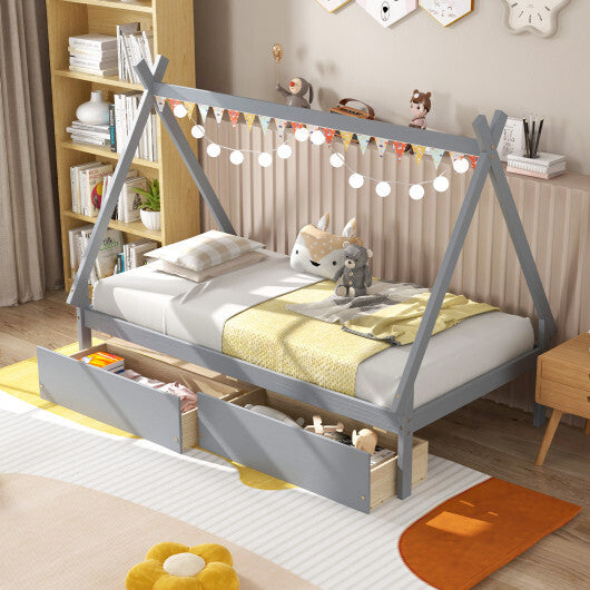Twin Size Wooden Tent Platform House Bed with 2 Drawers-Gray LuxuryLifeWay Online Store