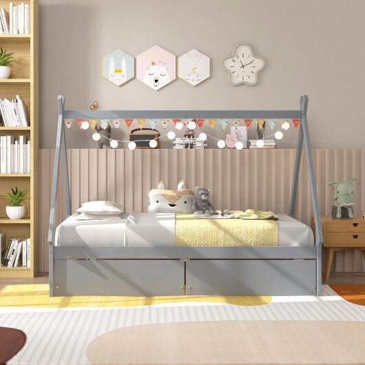 Twin Size Wooden Tent Platform House Bed with 2 Drawers-Gray LuxuryLifeWay Online Store