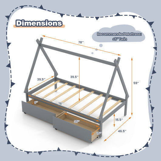 Twin Size Wooden Tent Platform House Bed with 2 Drawers-Gray LuxuryLifeWay Online Store