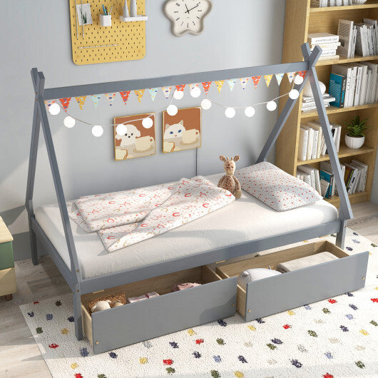 Twin Size Wooden Tent Platform House Bed with 2 Drawers-Gray LuxuryLifeWay Online Store