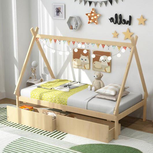 Twin Size Wooden Tent Platform House Bed with 2 Drawers-Gray LuxuryLifeWay Online Store