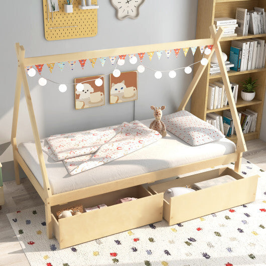 Twin Size Wooden Tent Platform House Bed with 2 Drawers-Gray LuxuryLifeWay Online Store