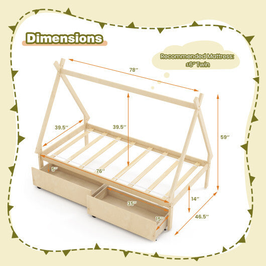 Twin Size Wooden Tent Platform House Bed with 2 Drawers-Gray LuxuryLifeWay Online Store