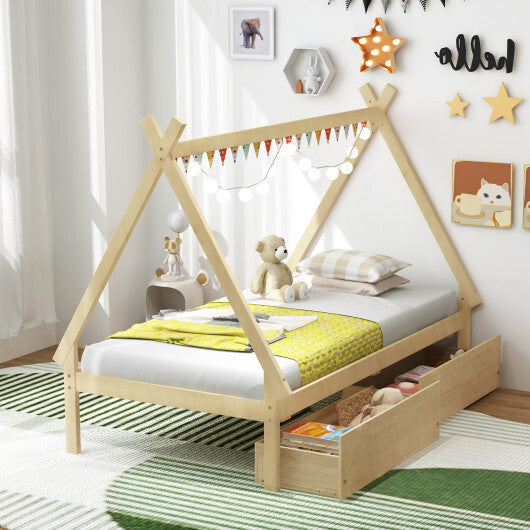 Twin Size Wooden Tent Platform House Bed with 2 Drawers-Gray LuxuryLifeWay Online Store