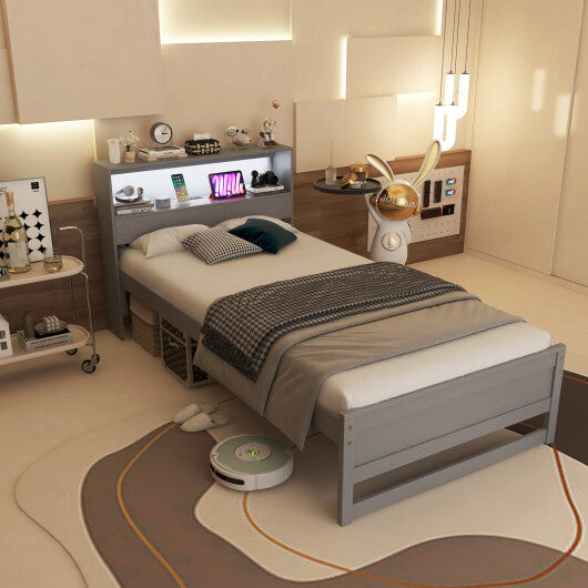 Twin Size Bed Frame with Storage Headboard and Charging Station-Gray LuxuryLifeWay Online Store