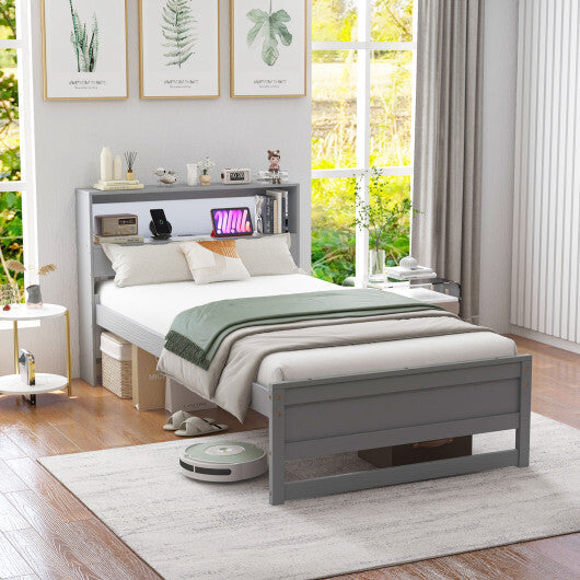 Twin Size Bed Frame with Storage Headboard and Charging Station-Gray LuxuryLifeWay Online Store