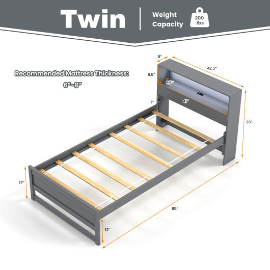 Twin Size Bed Frame with Storage Headboard and Charging Station-Gray LuxuryLifeWay Online Store