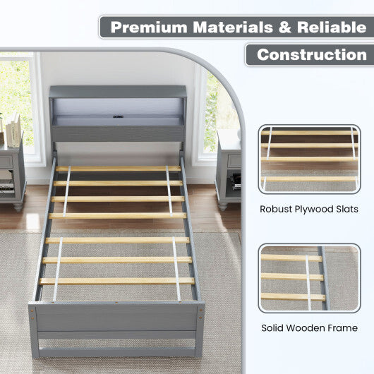 Twin Size Bed Frame with Storage Headboard and Charging Station-Gray LuxuryLifeWay Online Store