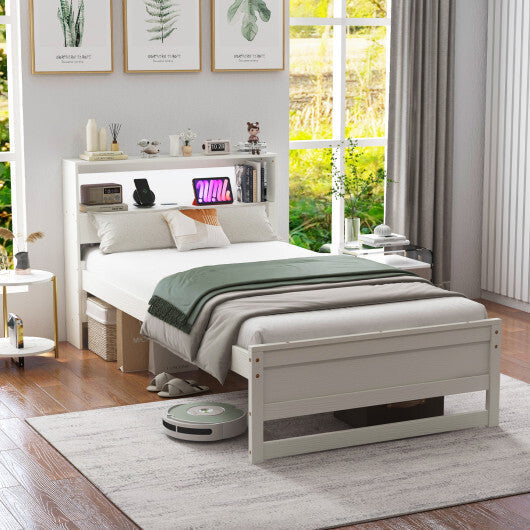Twin Size Bed Frame with Storage Headboard and Charging Station-Gray LuxuryLifeWay Online Store