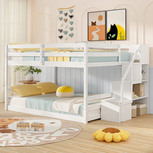 Solid Wood Full Over Full Low Bunk Bed with Storage Stairs-White LuxuryLifeWay Online Store