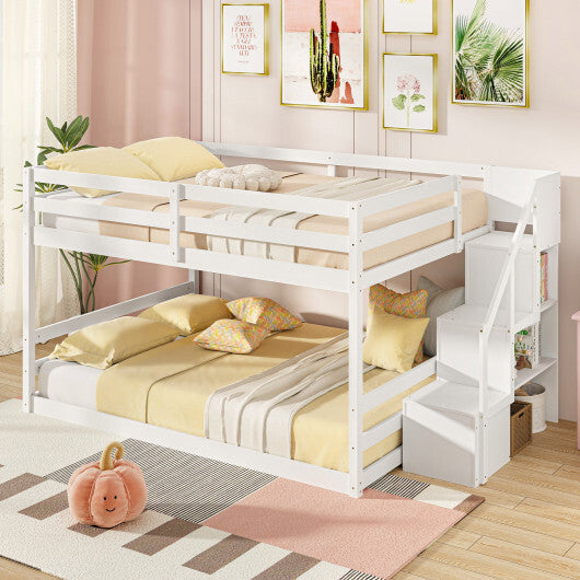 Solid Wood Full Over Full Low Bunk Bed with Storage Stairs-White LuxuryLifeWay Online Store