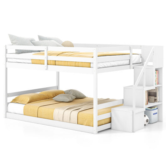 Solid Wood Full Over Full Low Bunk Bed with Storage Stairs-White LuxuryLifeWay Online Store