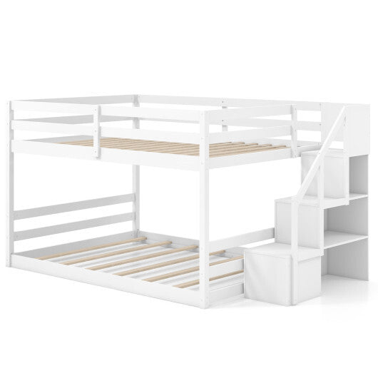 Solid Wood Full Over Full Low Bunk Bed with Storage Stairs-White LuxuryLifeWay Online Store