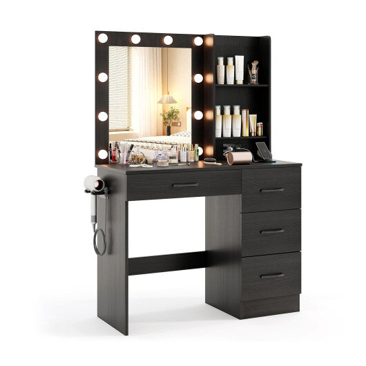 Vanity Desk with 3-Color Lights and Power Outlets-Black