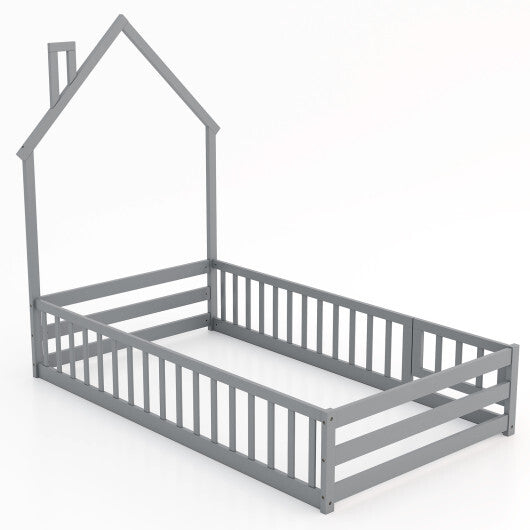 Twin Size Montessori Floor Bed with Lockable Door and Full-Length Guardrail-Gray LuxuryLifeWay Online Store