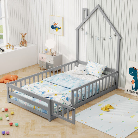 Twin Size Montessori Floor Bed with Lockable Door and Full-Length Guardrail-Gray LuxuryLifeWay Online Store