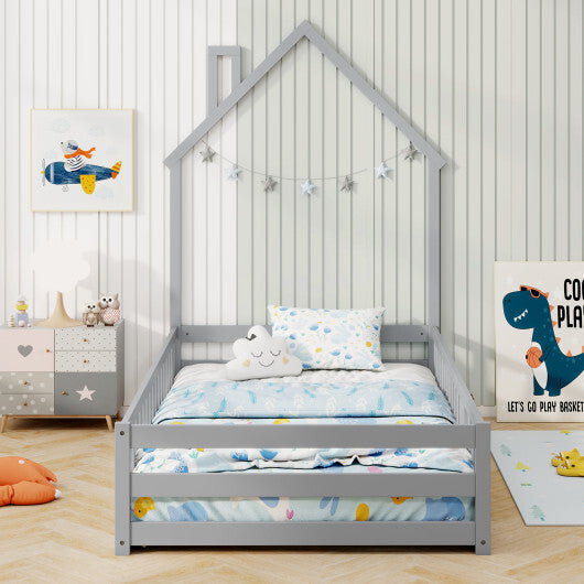 Twin Size Montessori Floor Bed with Lockable Door and Full-Length Guardrail-Gray LuxuryLifeWay Online Store